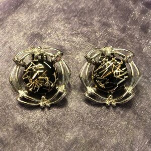 Tara Silver-Tone Black Lucite & Gold Confetti Round Statement Clip-on Earrings